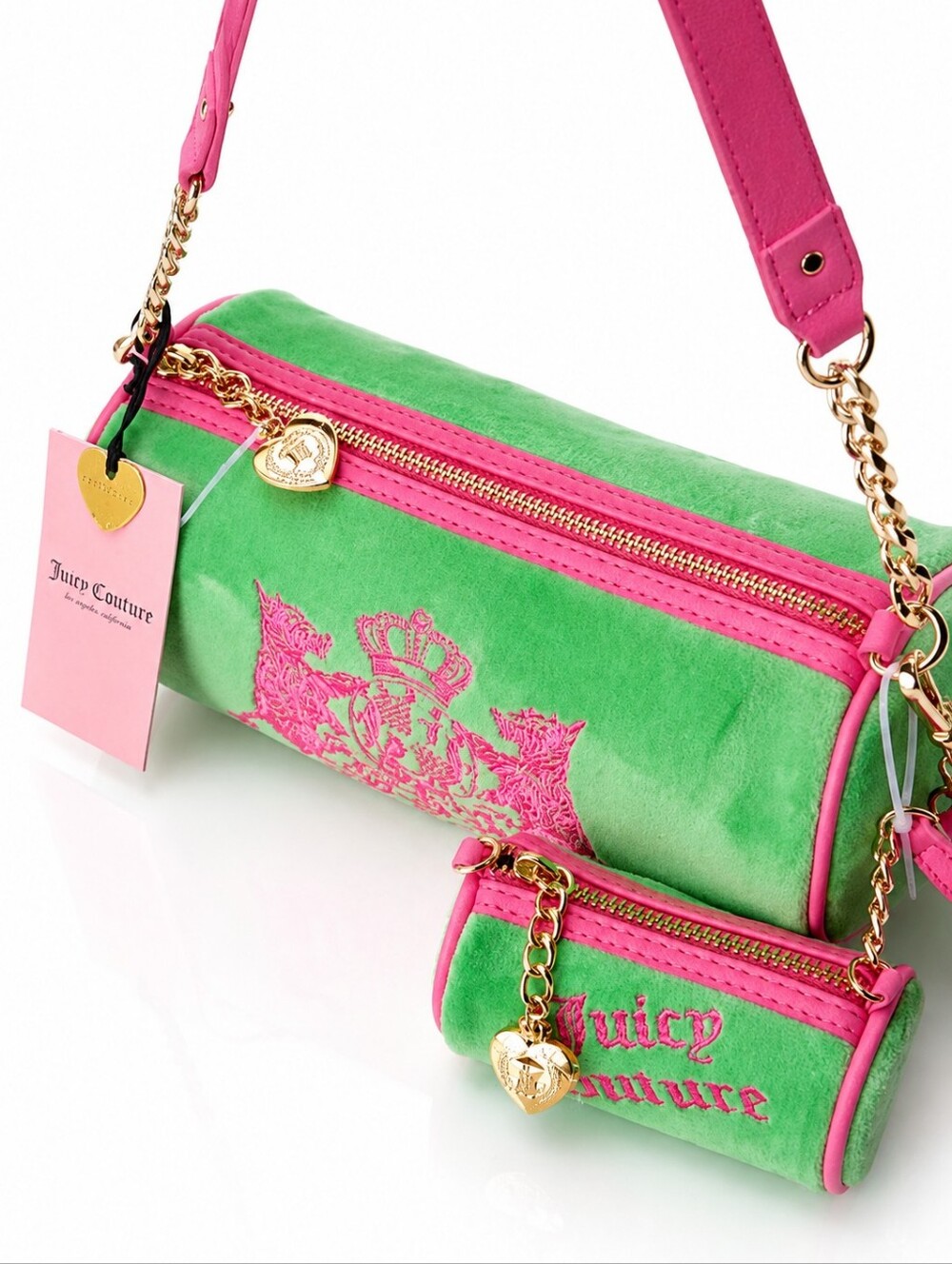 JUICY COUTURE Green Pink Logo Barrel BAG w Mini Purse Charm Y2K Velour Retro - Picture 3 of 6